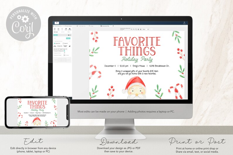 May include: A computer monitor and smartphone display a holiday party invitation. The invitation features the text "Favorite Things Holiday Party" with festive watercolor illustrations of candy canes, berries, and Santa Claus.