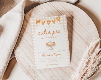 Invitación para baby shower con diseño de pastel de calabaza / Invitación para una linda tarta / Arco de cuadros vichy neutros / Baby shower mixto de otoño / Revelación de género a cuadros de Acción de Gracias