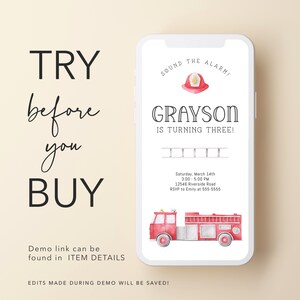 Puede incluir: Una invitaci&oacute;n de cumplea&ntilde;os digital en la pantalla de un tel&eacute;fono con un cami&oacute;n de bomberos, un casco y una escalera en acuarela. El texto dice: SOUND THE ALARM! GRAYSON IS TURNING THREE! Saturday, March 14th, 3:00-5:00 PM, 12546 Riverside Road, RSVP to Emily at 555-5555.