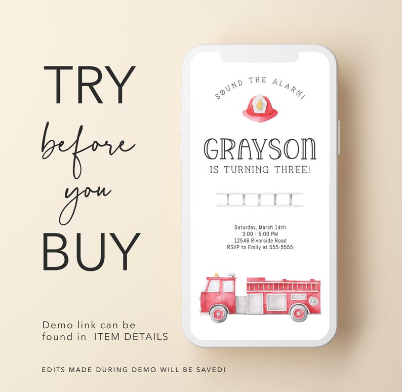 Puede incluir: Una invitaci&oacute;n de cumplea&ntilde;os digital en la pantalla de un tel&eacute;fono con un cami&oacute;n de bomberos, un casco y una escalera en acuarela. El texto dice: SOUND THE ALARM! GRAYSON IS TURNING THREE! Saturday, March 14th, 3:00-5:00 PM, 12546 Riverside Road, RSVP to Emily at 555-5555.
