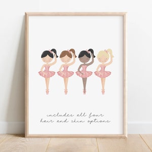 May include: Four ballerina illustrations with different hair and skin tones. Each ballerina is wearing a pink tutu and pink shoes. The text "includes all four hair and skin options" is below the ballerinas.