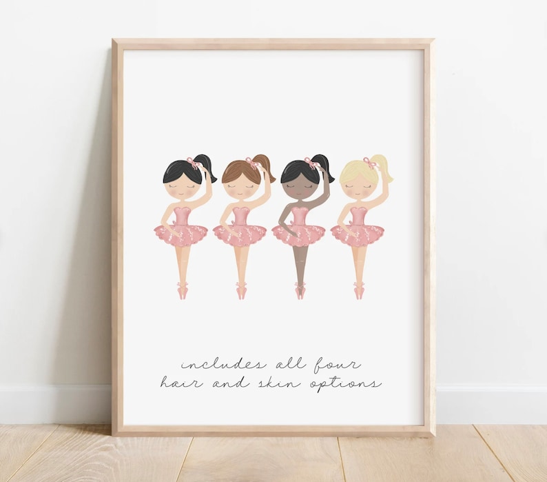 May include: Four ballerina illustrations with different hair and skin tones. Each ballerina is wearing a pink tutu and pink shoes. The text "includes all four hair and skin options" is below the ballerinas.