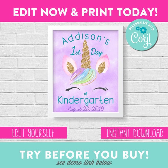 Back to School - Editable Sign - Unicorn - First Day Sign - Girl 1st Day Printable - Editable Sign - You Edit and Print - INSTANT DOWNLOAD Il_570xn