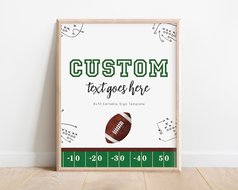 modern football birthday sign.  first year down 1st birthday customizable sign.  american football field borders the bottom of 8x10 sign.  black and white plays decorate the corners.