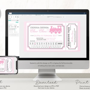 May include: Pink and white printable train ticket invitation for a birthday party. The invitation features a pink train with the text "Chugga Chugga Choo Choo" and "Olivia is turning 2".