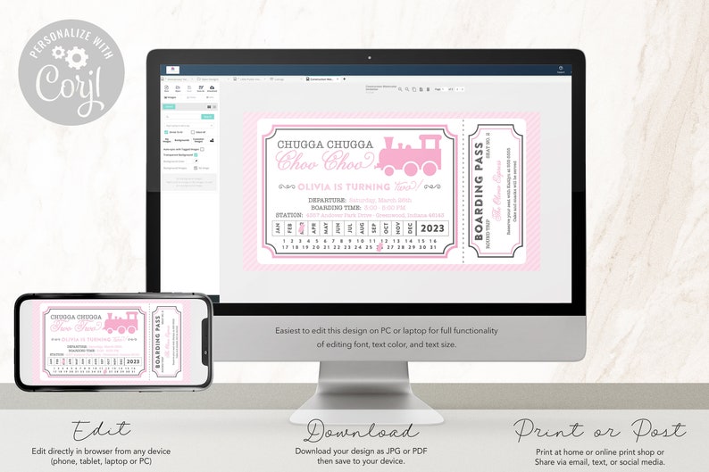 May include: Pink and white printable train ticket invitation for a birthday party. The invitation features a pink train with the text "Chugga Chugga Choo Choo" and "Olivia is turning 2".