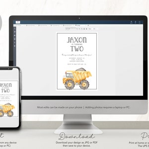 Dump Truck Invite - Construction Party Evite - Construction Birthday Invitation - Watercolor Modern Minimalist - EDITABLE - DIY image 5
