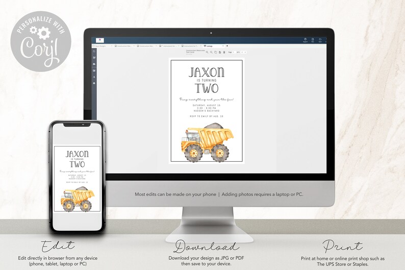 Dump Truck Invite - Construction Party Evite - Construction Birthday Invitation - Watercolor Modern Minimalist - EDITABLE - DIY image 5