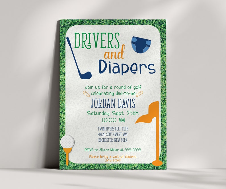 Puede incluir: Una invitaci&oacute;n a una fiesta de bienvenida al beb&eacute; con tem&aacute;tica de golf, en verde y blanco, con un palo de golf y un gr&aacute;fico de pa&ntilde;al. El texto dice "Drivers and Diapers" e incluye el nombre "Jordan Davis" y la fecha "Saturday, Sept. 25th".