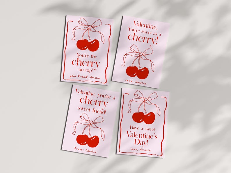 May include: Four pink Valentine's Day cards with red cherry illustrations and messages. The cards say "Valentine, you're sweet as a cherry!" "You're the cherry on top!" "Valentine, you're a cherry sweet friend!" and "Have a sweet Valentine's Day!"