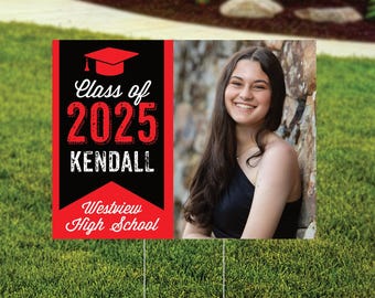 Graduation Photo Yard Sign - 2025 Graduation Outdoor Party Sign - Red and Black Senior Yard Sign - Printed and Shipped to You, FREE SHIPPING