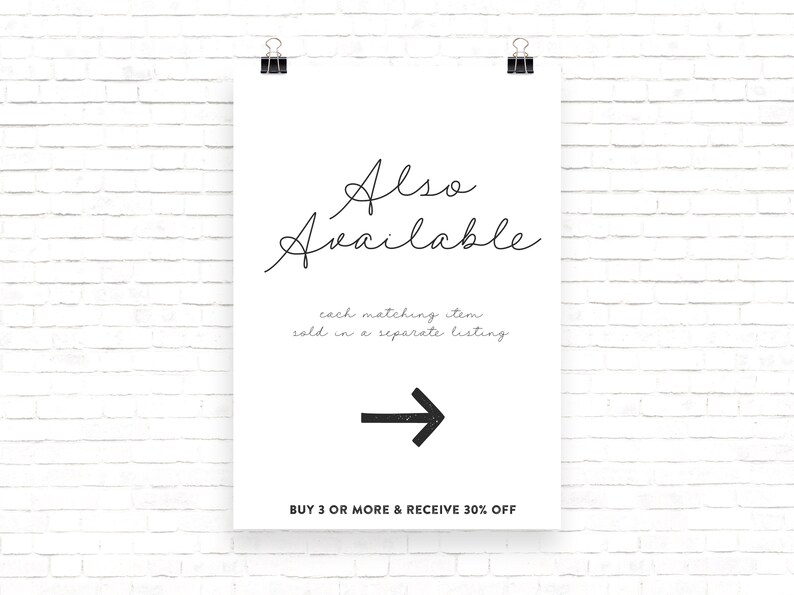 K&ouml;nnte beinhalten: Ein wei&szlig;es Schild mit schwarzem Text, der "Also Available" und "each matching item sold in a separate listing" lautet. Ein schwarzer Pfeil zeigt nach rechts. Der Text "BUY 3 OR MORE & RECEIVE 30% OFF" befindet sich am unteren Rand des Schildes.