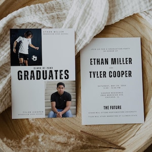 Joint Graduation Party Invitation - Two Person Grad Party Invite, Double, Brothers, Twins, Photo, Minimalist, Editable CANVA Template