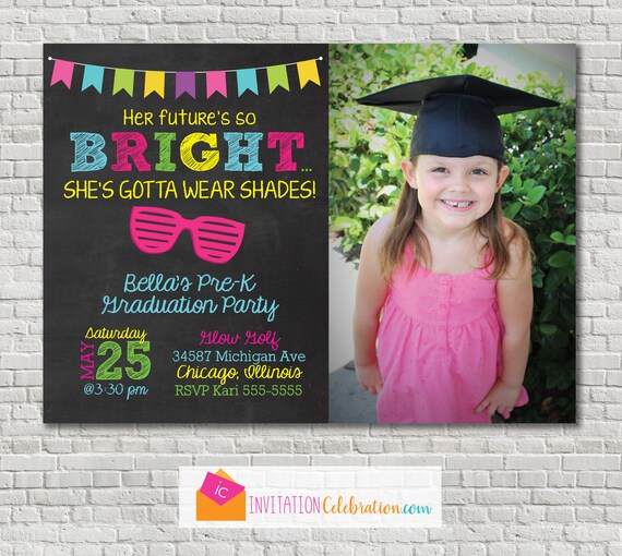 Preschool Graduation Invitation - Kindergarten Graduation - Future is so Bright - Gotta Wear Shades - Girl Graduation Party - Neon Il_570xn