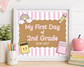 First Day of School Sign, Pink Stripes, Kraft Background, Photo Prop (Digital Download)