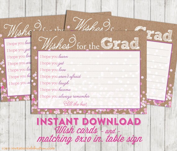 Advice Cards - Graduation - Wish - Hope - PRINTABLE - Open House - Kraft Confetti - Pink Bokeh - Includes Matching Sign - INSTANT DOWNLOAD Il_570xn