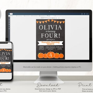 May include: Printable invitation for a pumpkin painting party. The invitation features a chalkboard background with orange and black bunting, the text "Olivia is turning FOUR!" and a row of pumpkins with the number 4 in the center.