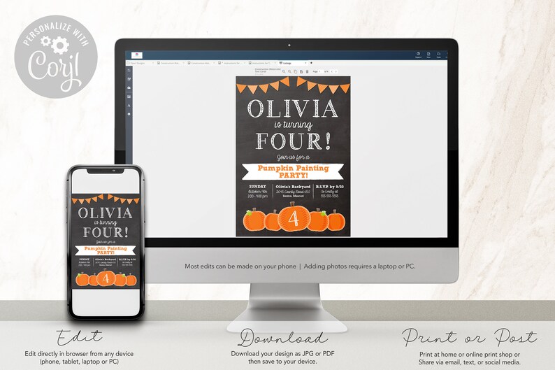 May include: Printable invitation for a pumpkin painting party. The invitation features a chalkboard background with orange and black bunting, the text "Olivia is turning FOUR!" and a row of pumpkins with the number 4 in the center.