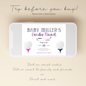 May include: A golf-themed gender reveal invitation with a white background and blue and pink accents. The invitation features the text "BABY MILLER'S Gender Reveal" and a golf ball with a pink tee and a golf ball with a blue tee. The invitation also includes the date and time of the event, "August 03, 4:00 PM", and the address, "Bree and Jack's 3582 Park Meadow Drive Cincinnati, Ohio".