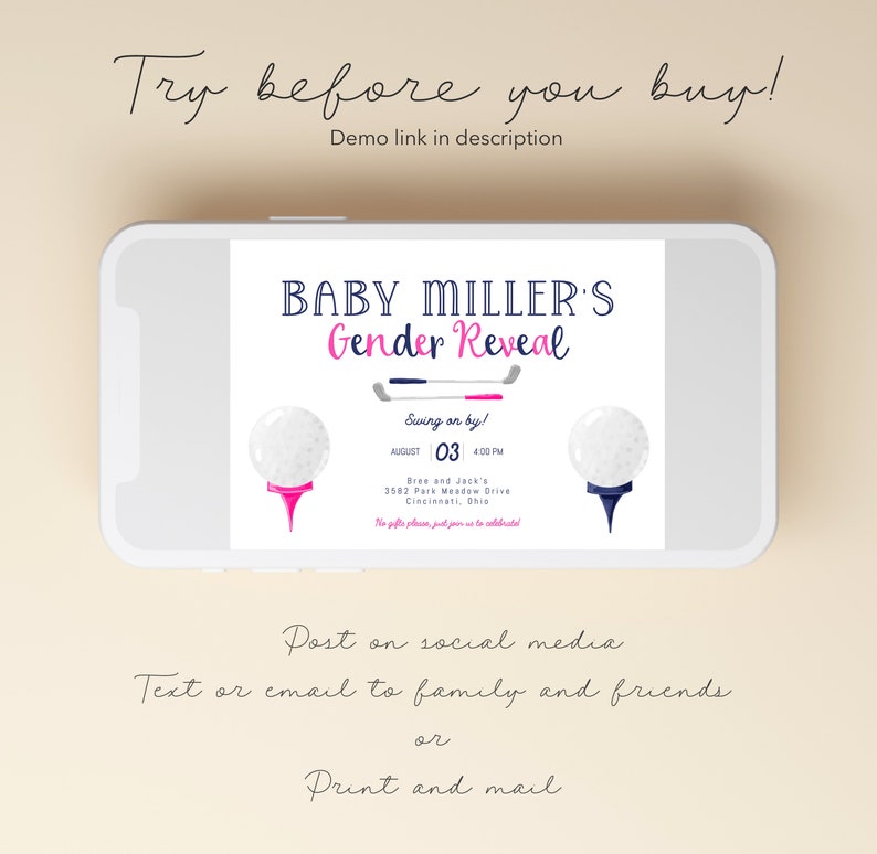 May include: A golf-themed gender reveal invitation with a white background and blue and pink accents. The invitation features the text "BABY MILLER'S Gender Reveal" and a golf ball with a pink tee and a golf ball with a blue tee. The invitation also includes the date and time of the event, "August 03, 4:00 PM", and the address, "Bree and Jack's 3582 Park Meadow Drive Cincinnati, Ohio".