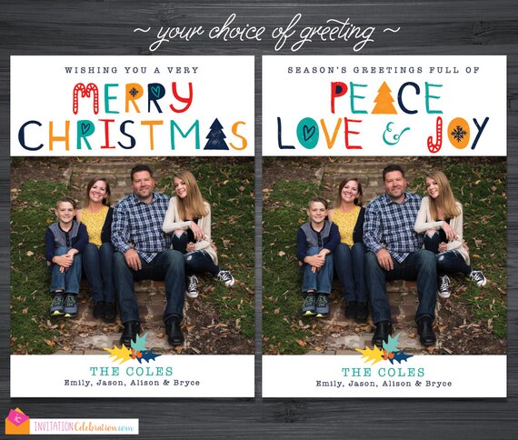 Colorful Christmas Card - Holiday Photo Card - Navy - Yellow - Teal - Red - Fun - Choose Digital or Printed with Envelopes FREE SHIPPING Il_570xn