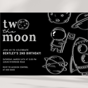 Two the Moon Invitation - Second Birthday Party - Outer Space - Astronaut Invite - Rocket - Black and White - EDITABLE template - DIY