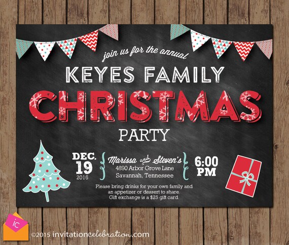 Turquoise and Red Christmas Party Invitation - Retro Vintage Chalkboard - Choose Digital or Printed with Envelopes Il_570xn