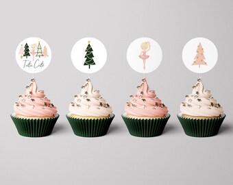 Tutu Cute Cupcake Topper - Christmas Second Birthday - Pink Green Christmas Trees Sticker - Winter Ballerina Birthday - EDITABLE TEMPLATE