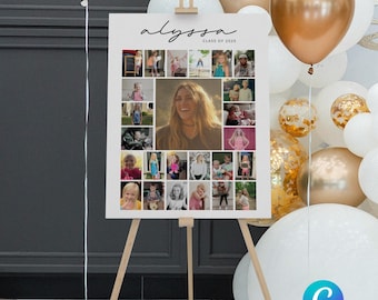 May include: A white poster board with a collage of photos on it. The poster board is on a wooden easel. The poster board has the name "Alyssa" written on it in black cursive writing. The poster board also has the text "Class of 2023" written on it in black text. The poster board is surrounded by white and gold balloons.