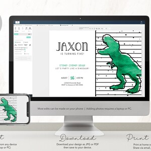 TREX 誕生日招待状 - T-Rex パーティー - 恐竜招待状 - ティラノサウルス - モダン - 水彩画 - 編集可能なテンプレート - DIY 画像 4