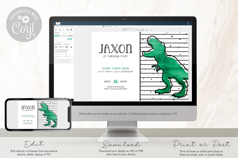 TREX 誕生日招待状 - T-Rex パーティー - 恐竜招待状 - ティラノサウルス - モダン - 水彩画 - 編集可能なテンプレート - DIY 画像 4