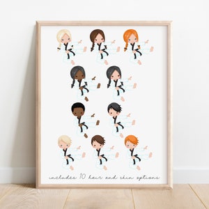 May include: A printable digital download featuring 10 different illustrations of children in karate uniforms with black belts. The children have different hair colors and skin tones. The text "includes 10 hair and skin options" is at the bottom of the image.