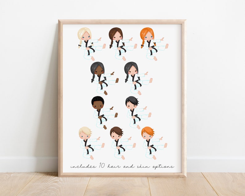 May include: A printable digital download featuring 10 different illustrations of children in karate uniforms with black belts. The children have different hair colors and skin tones. The text "includes 10 hair and skin options" is at the bottom of the image.