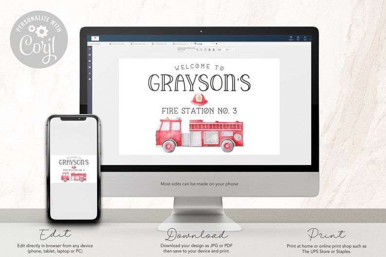 May include: A computer monitor and a smartphone displaying a customisable digital sign that reads Welcome to Grayson's Fire Station No. 3, featuring a watercolour illustration of a red fire engine and a red fire helmet above the text.