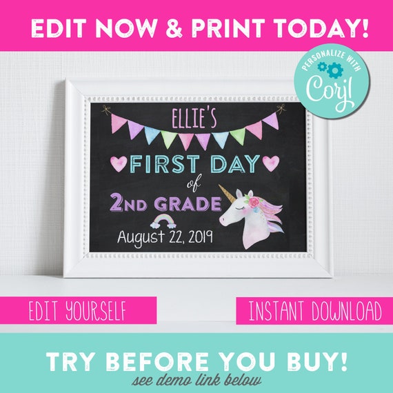 Girl Back to School Sign - Unicorns - First Day of School Printable - Editable Sign - You Edit and Print - INSTANT DOWNLOAD Il_570xn