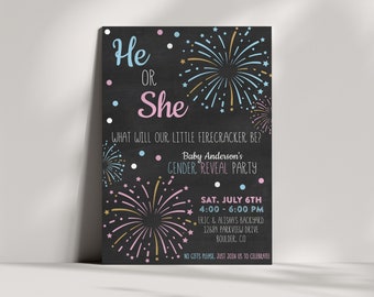 Fireworks Gender Reveal Invitation - Gender Reveal Party Invitation - Pink Blue - He or She - Little Firecracker - Digital - EDITABLE - DIY