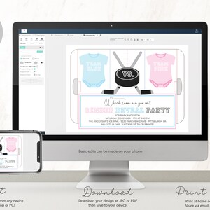 Ice Hockey Gender Reveal Party Invitation - Team Blue Team Pink - Baby Gender Reveal - Digital or Printable - Edit Yourself - DIY image 3