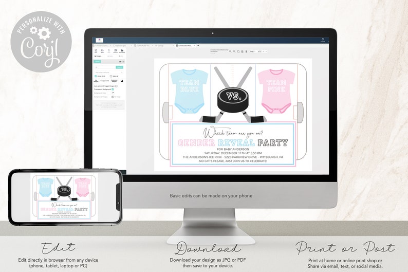 Ice Hockey Gender Reveal Party Invitation - Team Blue Team Pink - Baby Gender Reveal - Digital or Printable - Edit Yourself - DIY image 3
