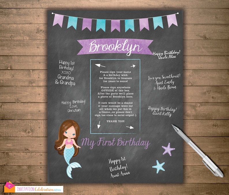 Chalkboard Mermaid Party Blue Purple Signature Mat Digital Birthday Board Wishes Personalized Guest Book Mermaid Birthday
