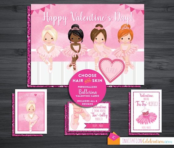 Ballerina Valentine Cards - PRINTABLE - Personalized - Pink Glitter - Dance - You Pick Girl Graphic Il_570xn