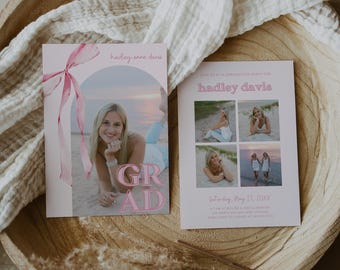 Pink Bow Graduation Invitation, Canva Template, Editable Girly Grad Party Invite, Coquette Bow, Aesthetic Senior Announcement Photo