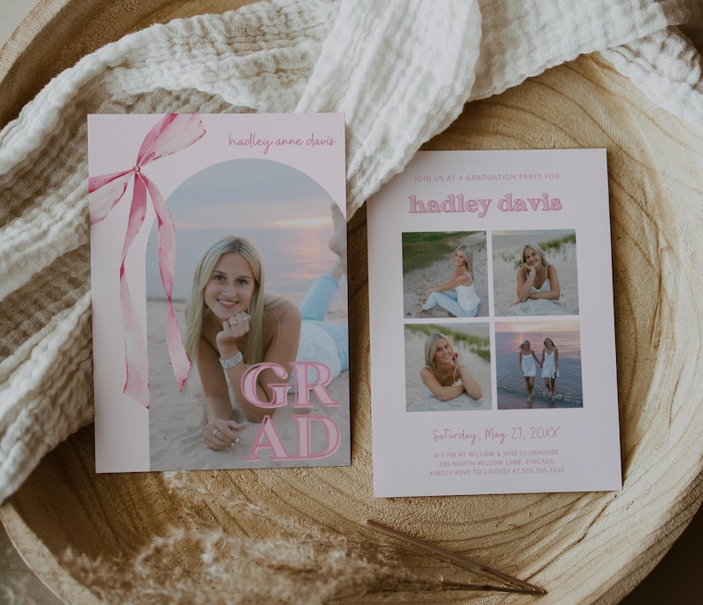 Pink Bow Graduation Invitation, Canva Template, Editable Girly Grad Party Invite, Coquette Bow, Aesthetic Senior Announcement Photo image 1
