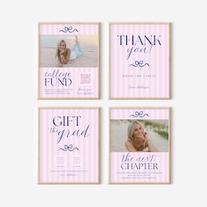 May include: Four framed pink and white striped prints with navy blue text and photos. The prints say "college fund", "thank you", "gift the grad", and "the next chapter". Each print has a bow design.