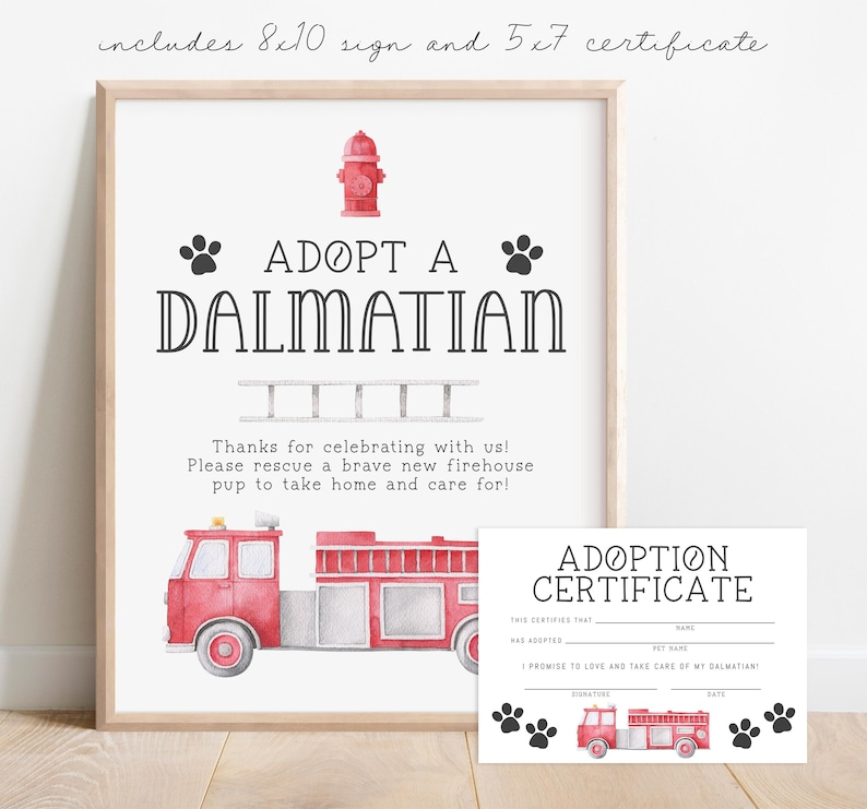 adopt a dalmatian sign and certificate for firetruck birthday party favor.  instant download printable sign in minimalist design.  watercolor graphic of fire engine and paw prints and fire hydrant.