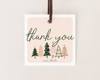 Winter ONEderland Party Favor Tag - 1st Birthday - Pink Green Gold Christmas Trees - Thank You - Goody Bag - Label - EDITABLE Template - DIY