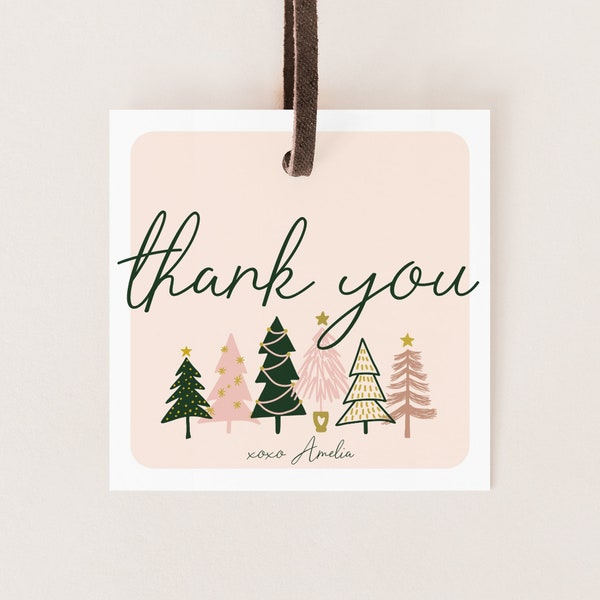 Winter ONEderland Party Favor Tag - 1st Birthday - Pink Green Gold Christmas Trees - Thank You - Goody Bag - Label - EDITABLE Template - DIY