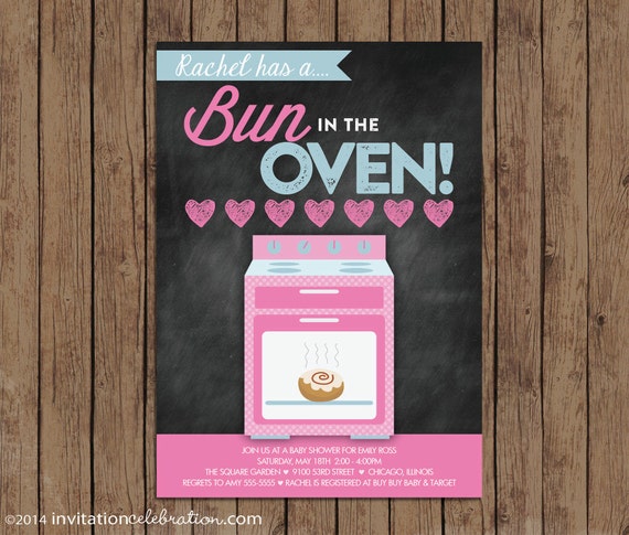 Bun in the Oven Baby Shower Invitation - Vintage Retro Chalkboard - Pink Aqua - Choose PRINTABLE or have it PRINTED for you Il_570xn