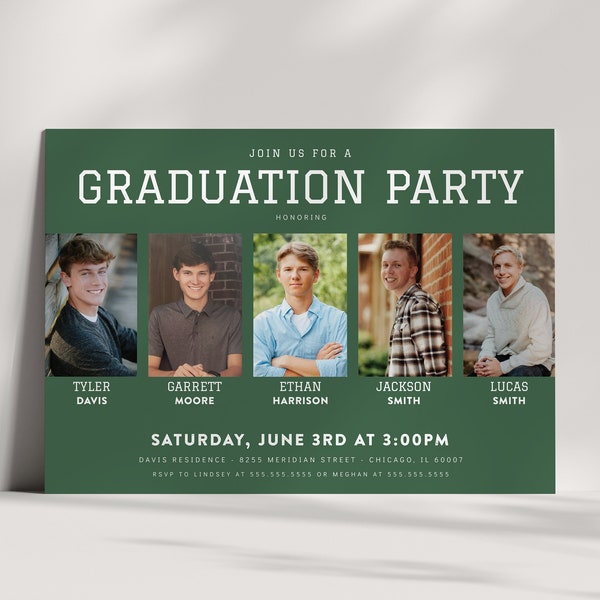 Joint Graduation Party Invitation, Five Person Grad Party Invite - 5 Friends, Siblings, Photo, Minimalist, Class of 2024 - Editable Template