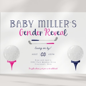 Golf Gender Reveal Party Invitation - Golf Ball - Baby Shower - Pink and Navy - Girl or Boy - Digital - EDITABLE - DIY image 1