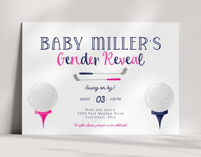 Golf Gender Reveal Party Invitation - Golf Ball - Baby Shower - Pink and Navy - Girl or Boy - Digital - EDITABLE - DIY image 1